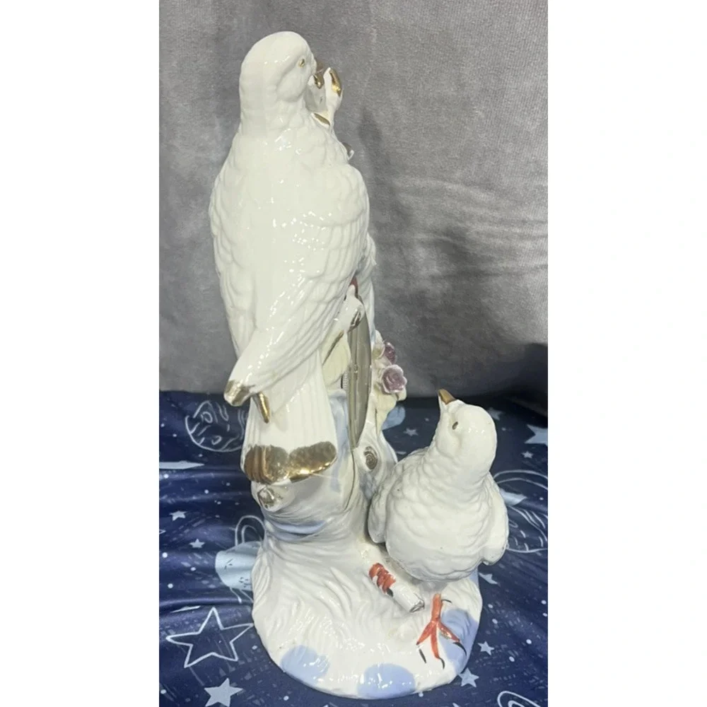 elegant vintage white iradecent ceramic clock birds doves purple roses works
